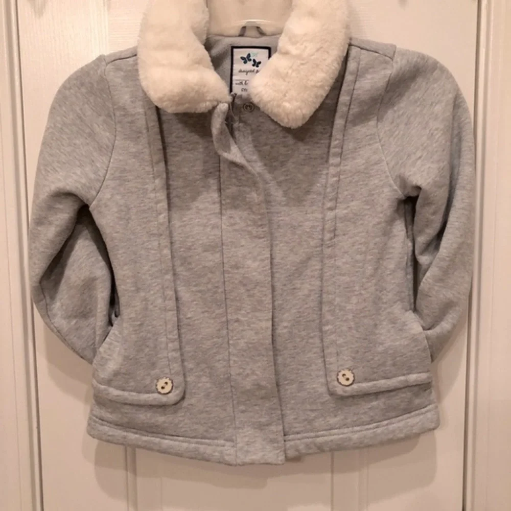 Gymboree Girls Light Weight Dress Pea Coat Gray Jersey Knit Faux Fur Collar 5/6